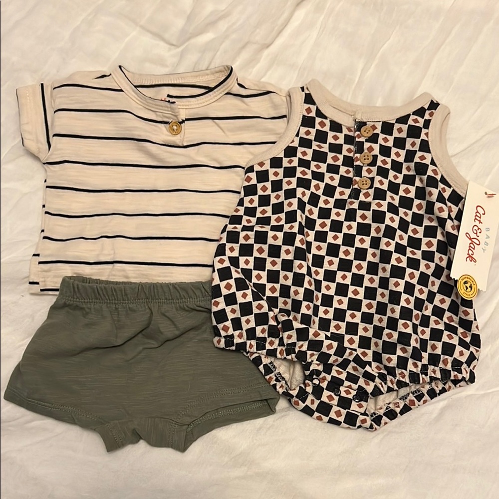 Baby shorts and striped tee set and bubble romper